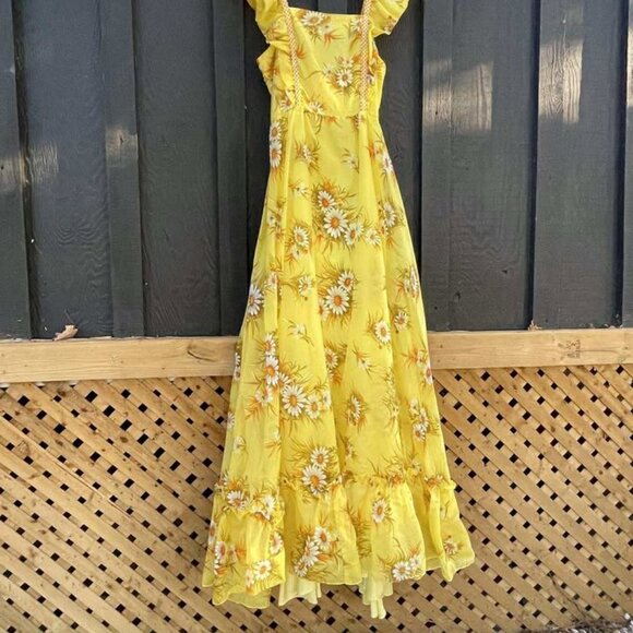 1960s Vintage Daisy Gown Dress Golden Yellow Floral Chiffon Dress Small Sz 4 - Picture 7 of 10